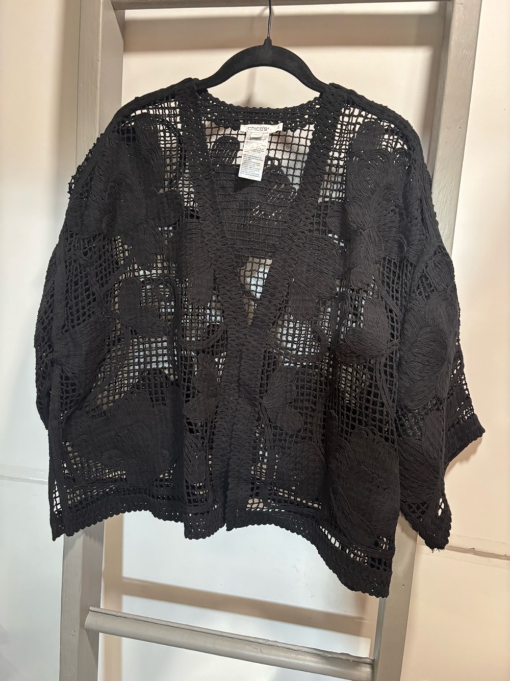 Chico's S/M Crochet Crop kimono, whimsigoth fairy Boho, emo,Indie, dark cottage
